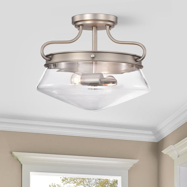 Warehouse Of Tiffany CD004-2NI Tayla 2-Light Metal & Glass Bowl Shade Semi-Flush Mount; Matte Satin Nickel CD004/2NI - main